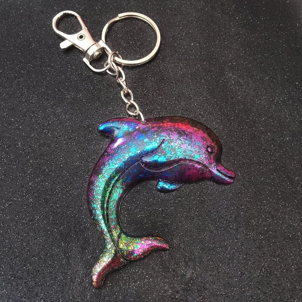 Rainbow color shift dolphin keychain bag purse charm new handmade resin